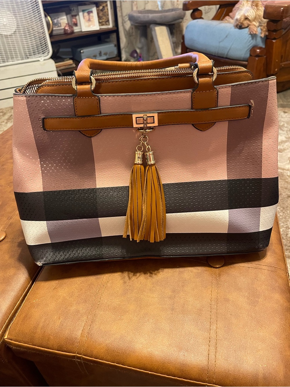 Deluxity Tan Plaid Tote Bag with Tassel Accent